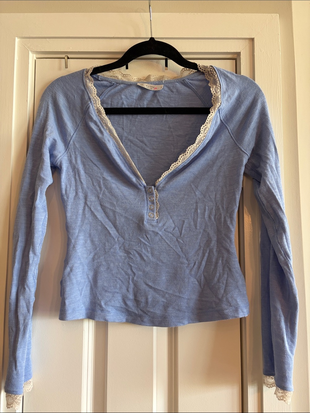 Light Blue Lace-Trim Long Sleeve Henley Top